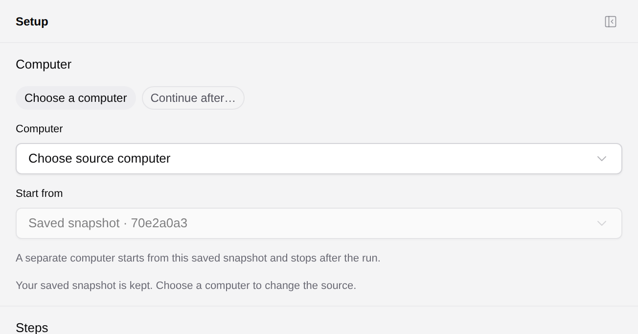 Browser Use Setup with Choose a computer, Continue after, Computer and Start from controls.