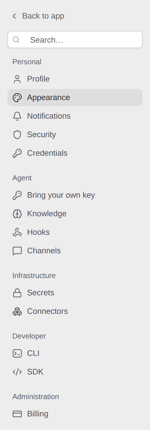 Settings sidebar with Back to app, search, and the Personal, Agent, Infrastructure, Developer and Administration groups.