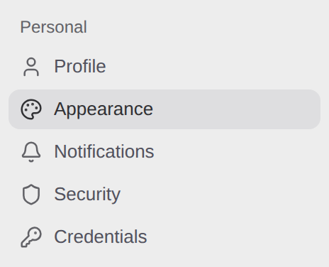Personal Settings destinations: Profile, Appearance, Notifications, Security and Credentials.