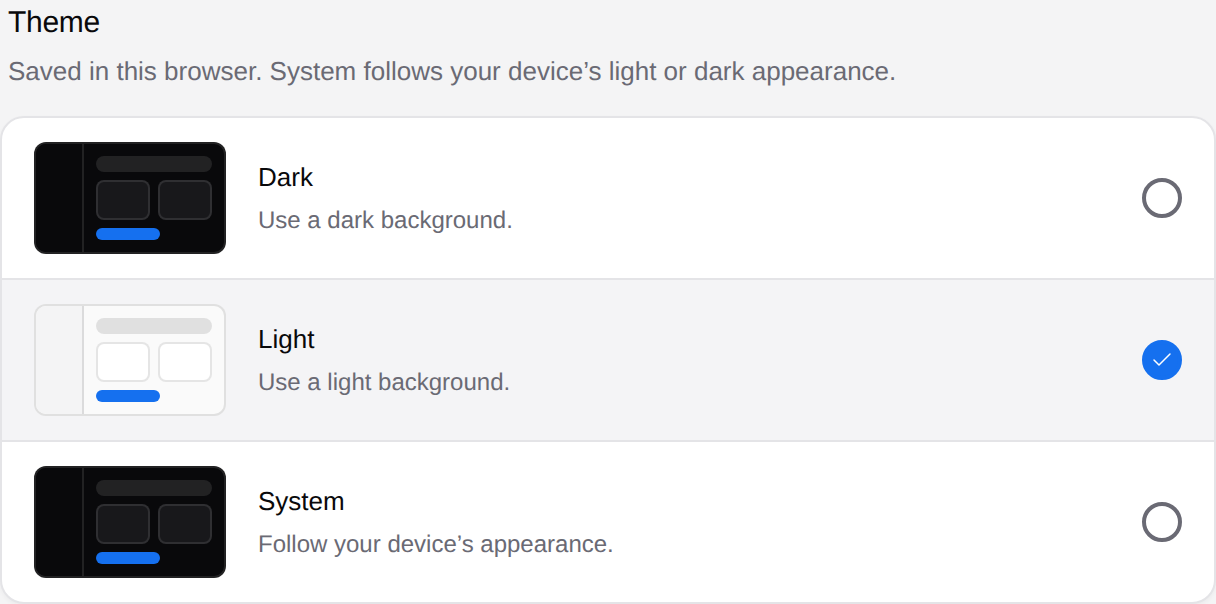 Theme options for Dark, Light and System with the current choice checked.
