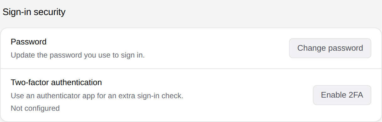 Sign-in security with Change password and Enable 2FA controls, and a Not configured status.