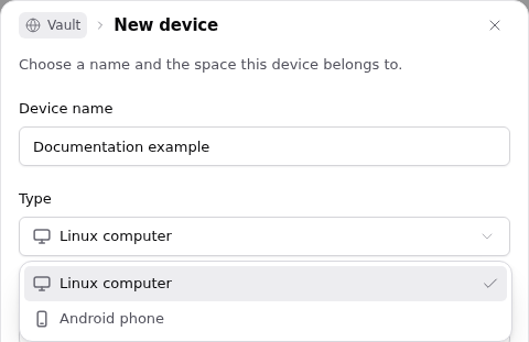 New device dialog showing Android phone in the Type menu.