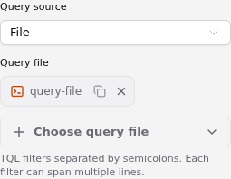 Database Read File source with a query-file connection, Choose query file control, and semicolon-separated TQL help.