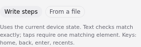 Android step-source controls with Write steps selected and From a file available.