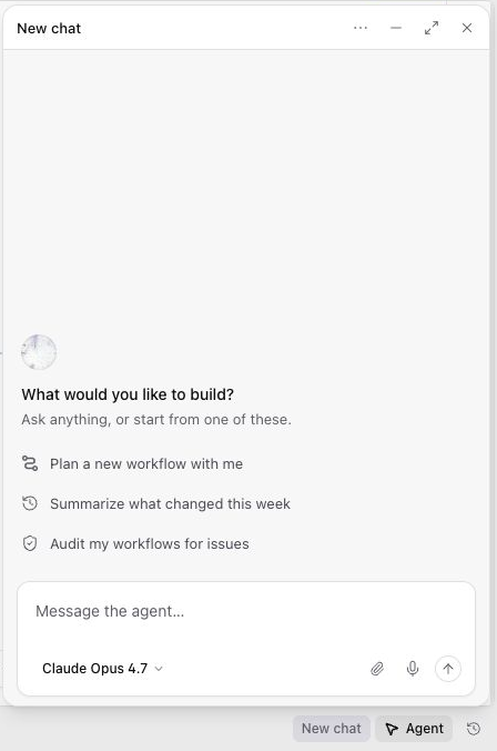 Open the agent from the footer while keeping the workflow close by.