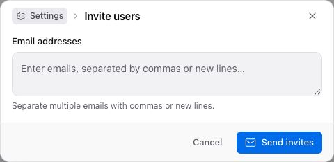 Empty Invite users dialog with email field and Send invites button.