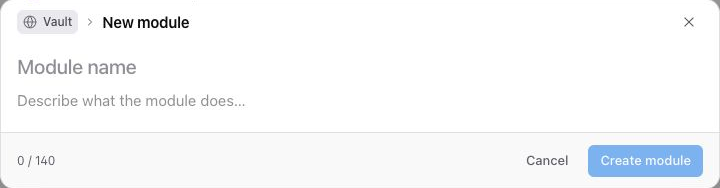 New module dialog with name and description fields.