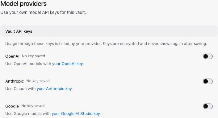 Manage your own model-provider keys in Settings.