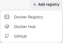 Add registry menu offering Docker Registry, Docker Hub, and GitHub.