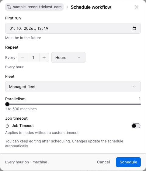 Schedule workflow dialog with timing and infrastructure controls.