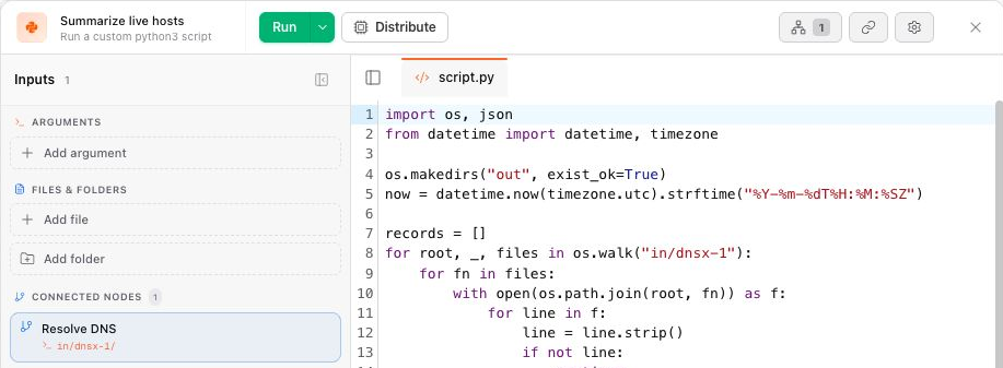 The current script editor keeps code, arguments, and file inputs together.