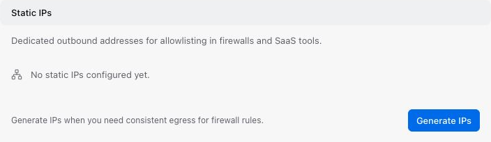 Static IPs section with no addresses configured and a Generate IPs button.