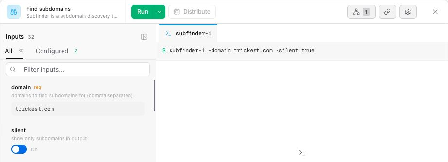 Find subdomains configuration showing the domain input, silent option, and Run control.