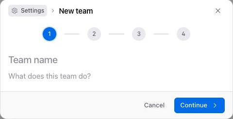 First step of the New team wizard with name and description fields.