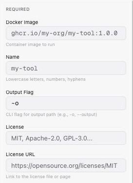 Required private tool fields: Docker Image, Name, Output Flag, License, and License URL.