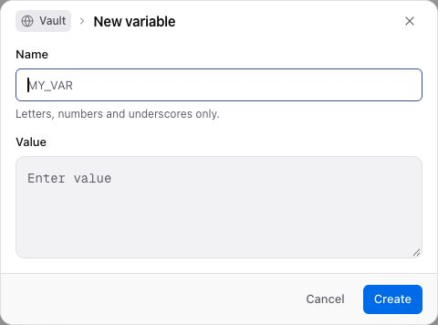 New variable dialog showing Vault scope, Name, and Value.