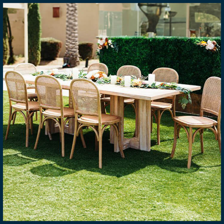 A beautifully decorated wedding reception featuring linen rentals