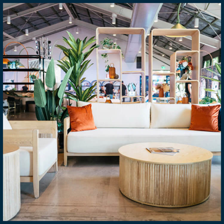 Stylish corporate event decor with modern furniture rentals