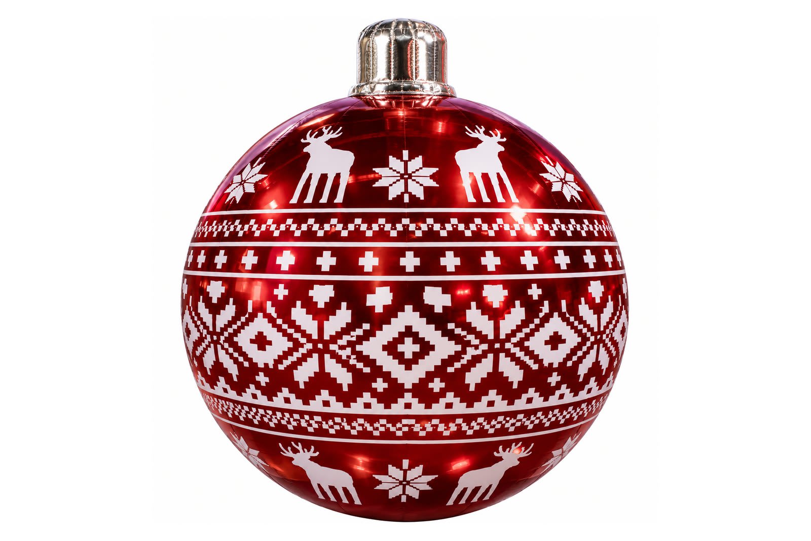 Giant metallic red Christmas ornament with a white Nordic sweater pattern of reindeer and snowflakes and a silver cap