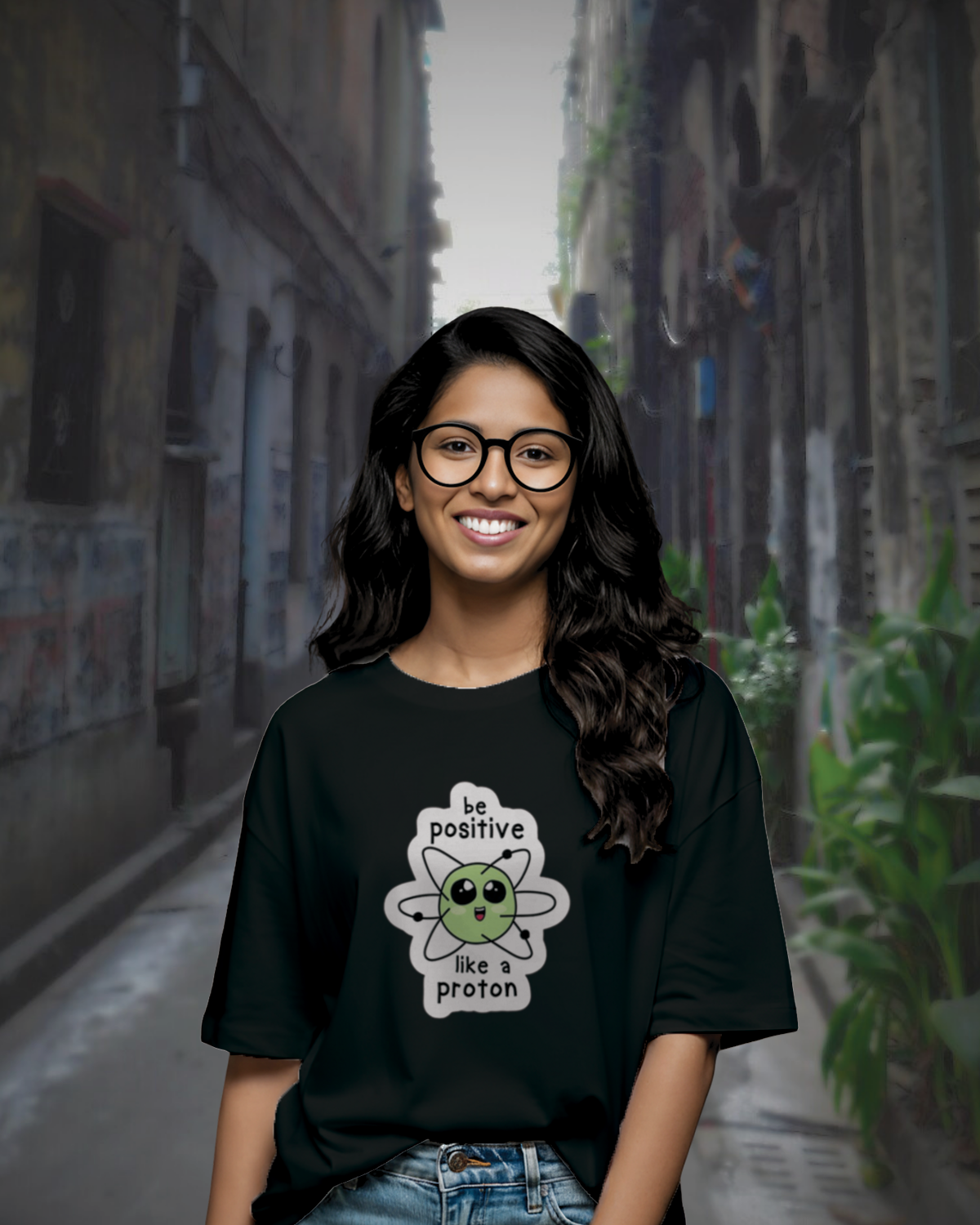 Be Positive Like Proton Oversized Graphic Tee – 100% Bio-Washed Cotton 0