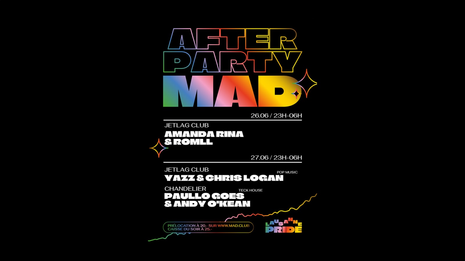 Affiche de l'événement After Lausanne Pride 2026, Soirée à thème le 26 juin 2026.