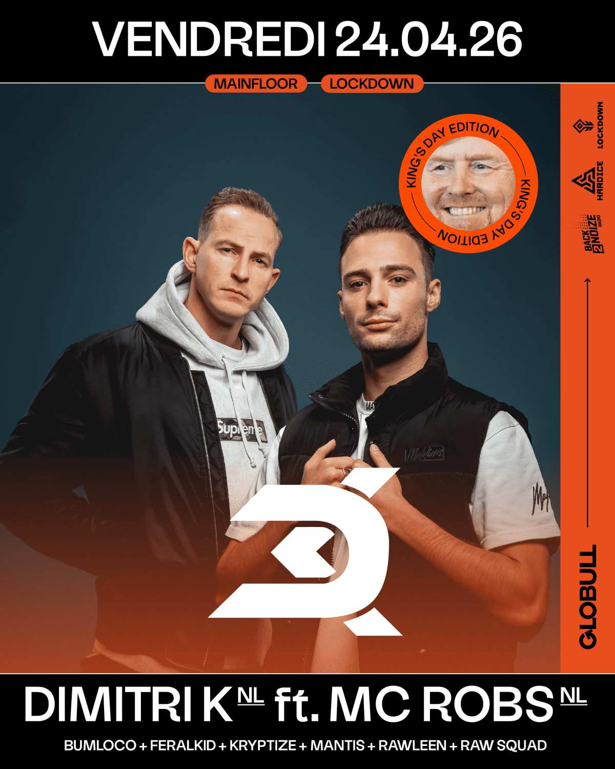 Affiche de l'événement Dimitri K (NL) x Lockdown, DJ set le 24 avril 2026.