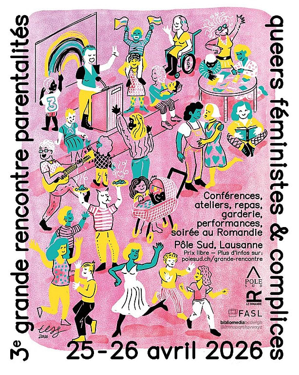 Affiche de l'événement Soirée festive de la 3e Grande rencontre des Parentalités Queer, Soirée à thème le 25 avril 2026.