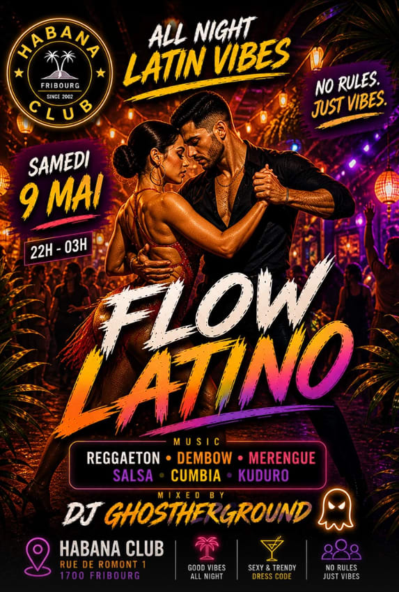 Affiche de l'événement FLOW LATINO, Soirée à thème le 9 mai 2026.