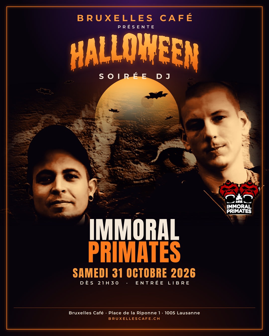 Affiche de l'événement DJ Immoral Primates, DJ set le 31 octobre 2026.
