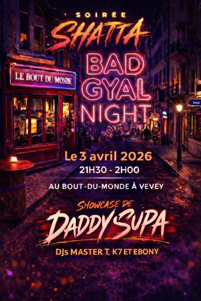 Affiche de l'événement Bad Gyal Night, DJ set le 3 avril 2026.