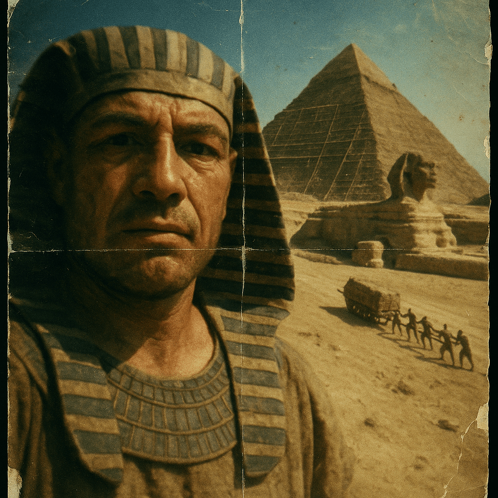 Lomografic, slightly worn and teared selfie of Cheops for dem 2/3 Bau seiner Pyr