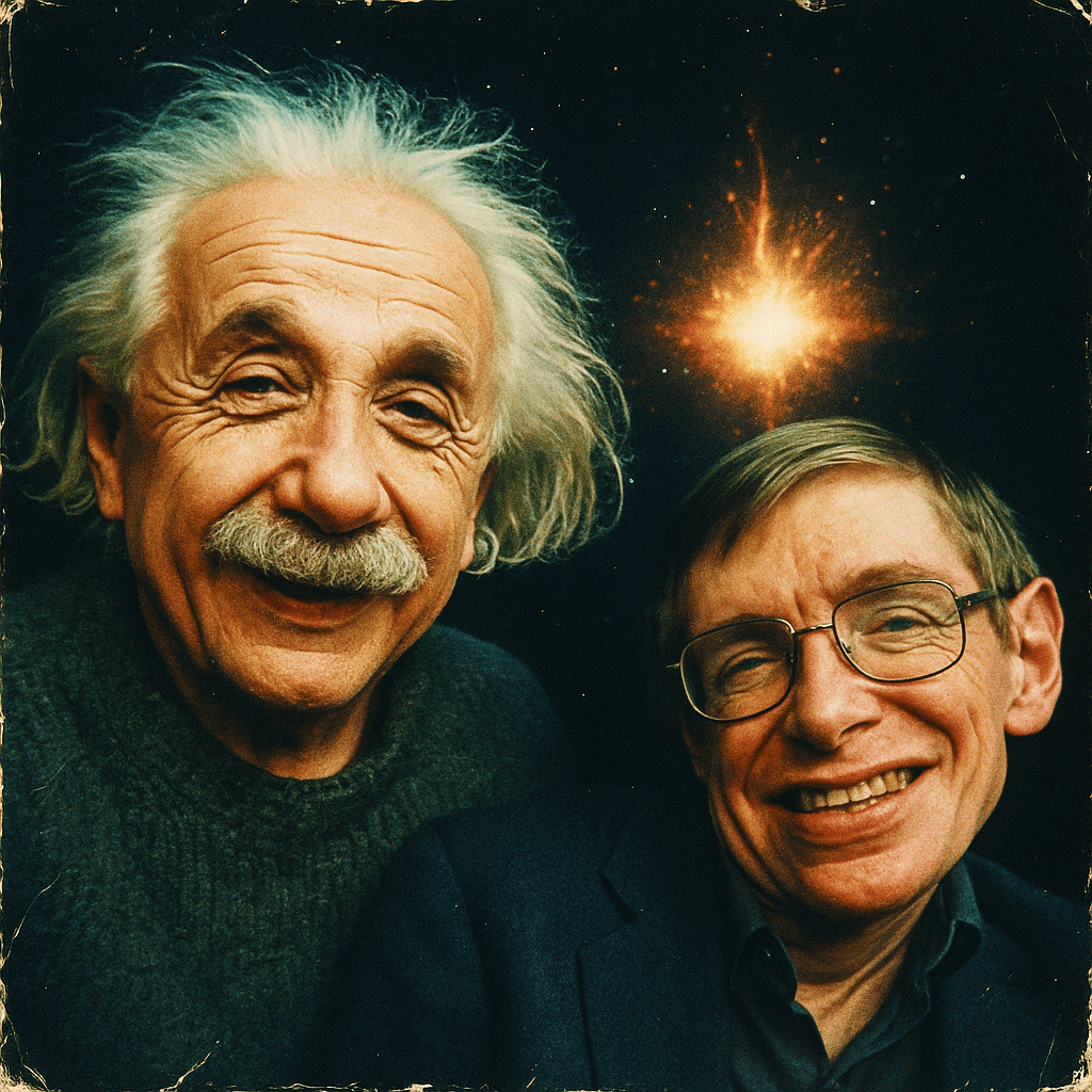Lomografic, slightly worn and teared selfie of Albert Einstein und Steven Hawkin