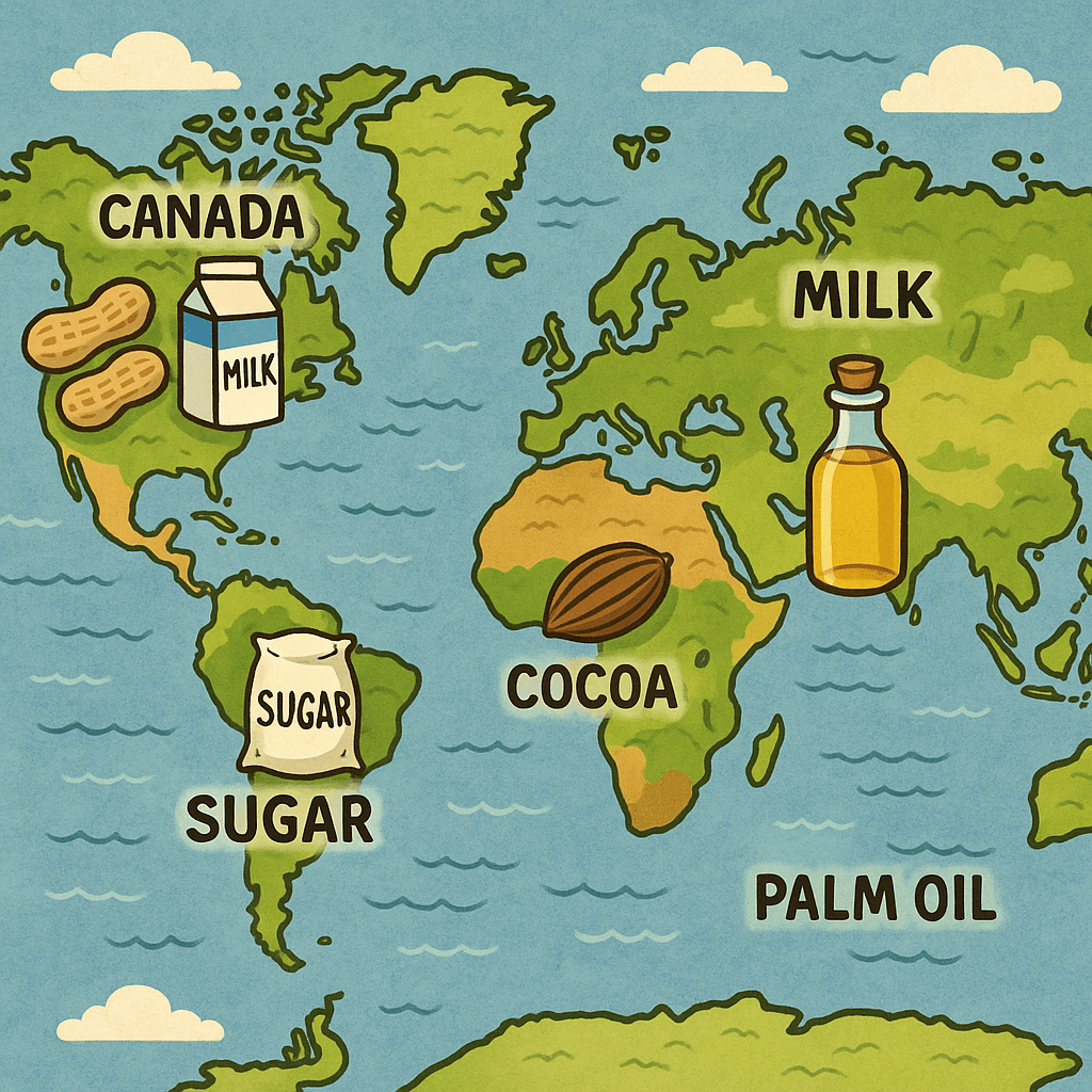 can u generate a cartoon-style world map and pinpoint sugar in brazil, cocoa in