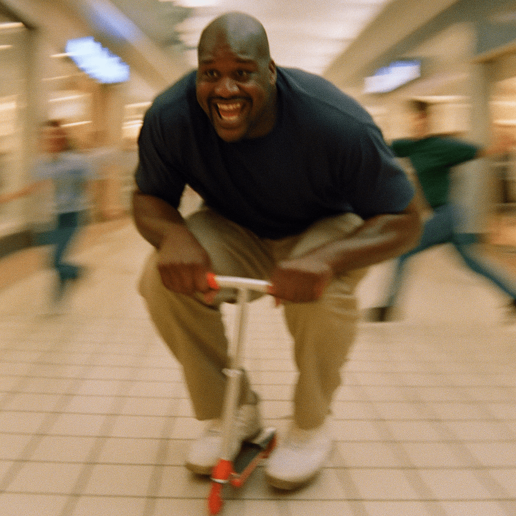 Create a blurry selfie of Shaquille O’Neal racing down a shopping mall corridor