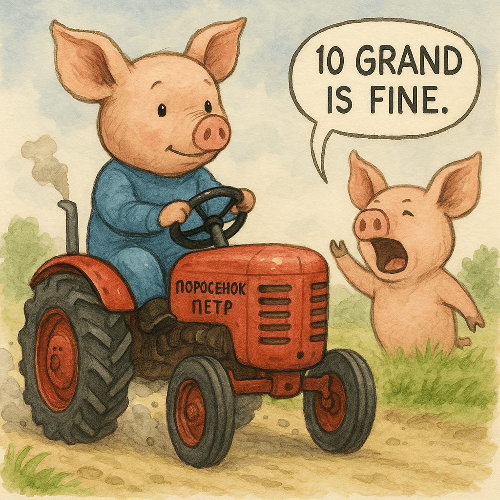I need a picture of Porosenok Peter (Peter the pig) driving away on a red tracto
