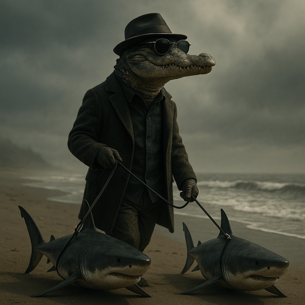 surreal scene: a stylish young crocodile with hat and sun glasses walking two gr
