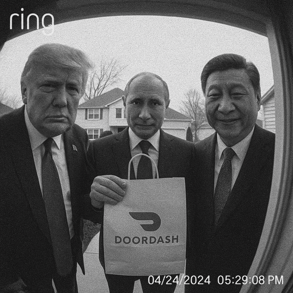 POV grainy digital ring camera footage of Trump, Putin, and Xi Xingping deliveri