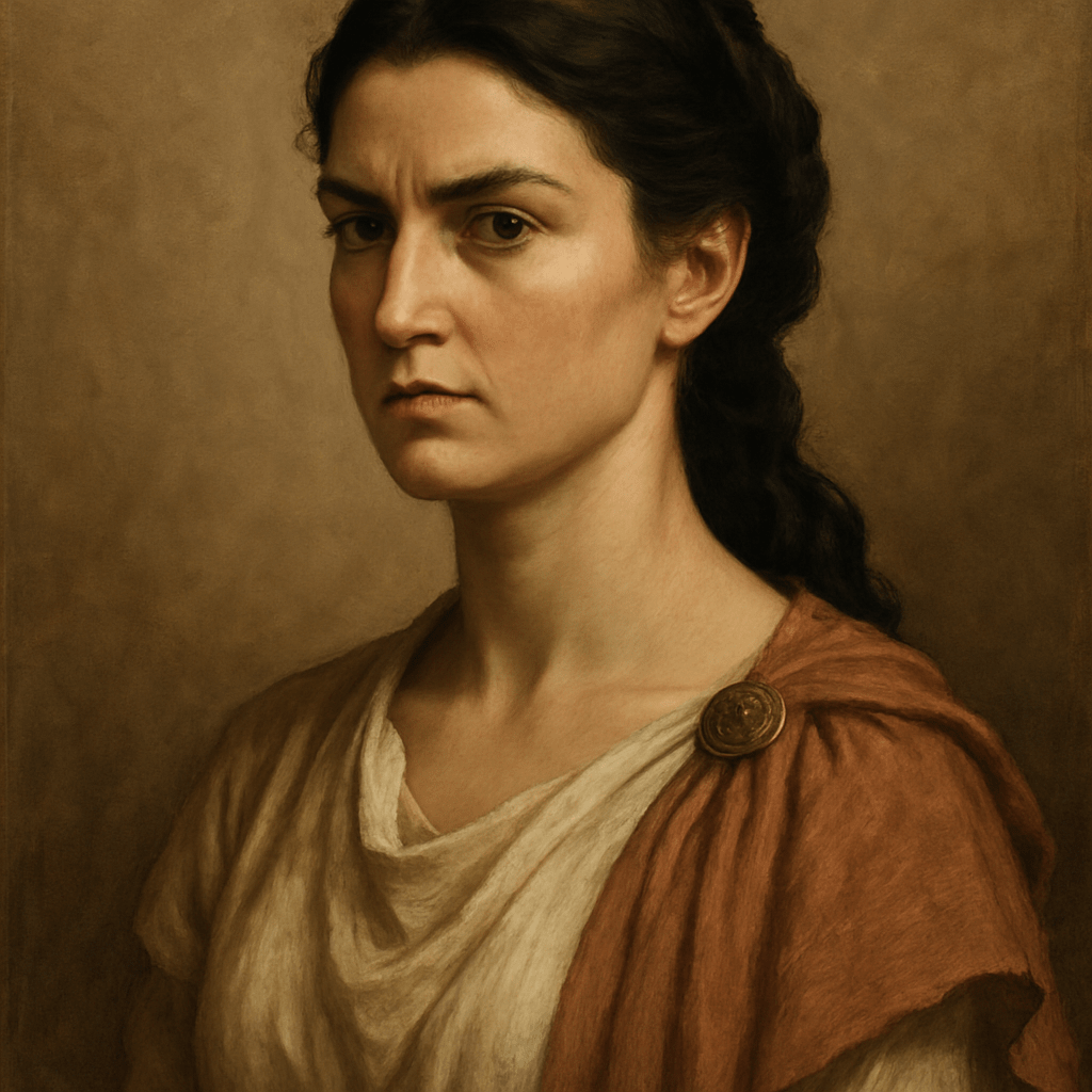 Livia has long, dark hair, usually tied back in a simple but elegant Roman style