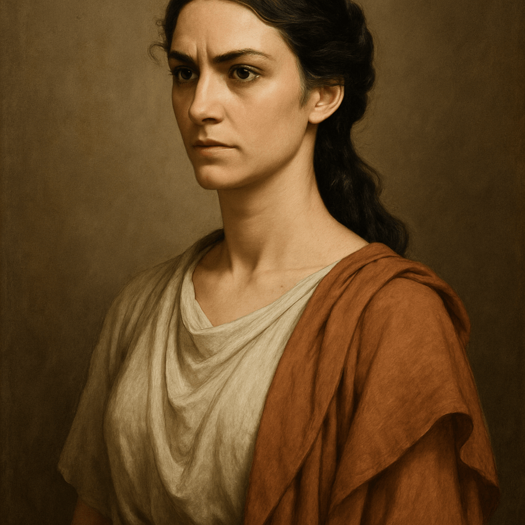 Livia has long, dark hair, usually tied back in a simple but elegant Roman style