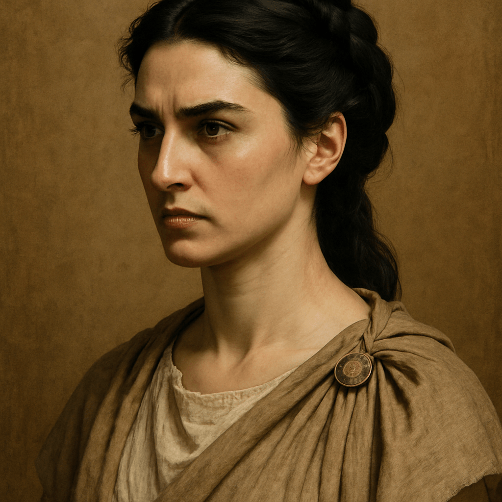 Livia has long, dark hair, usually tied back in a simple but elegant Roman style