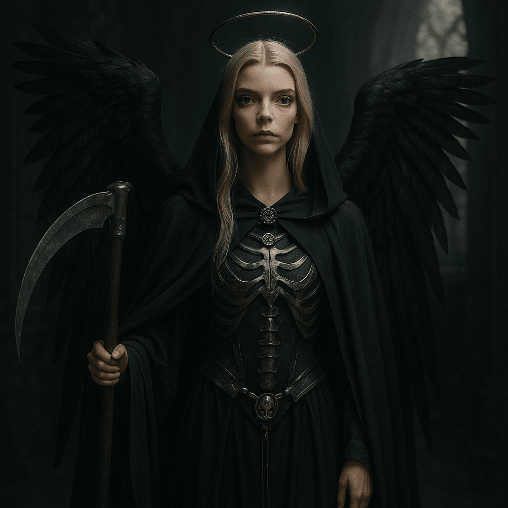 A highly realistic portrait of actress Anya Taylor-Joy dressed as the Angel of D
