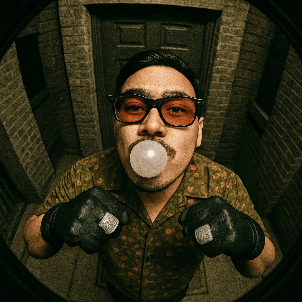 Overhead surveillance camera view, fisheye lens. Me stands at the entrance of an