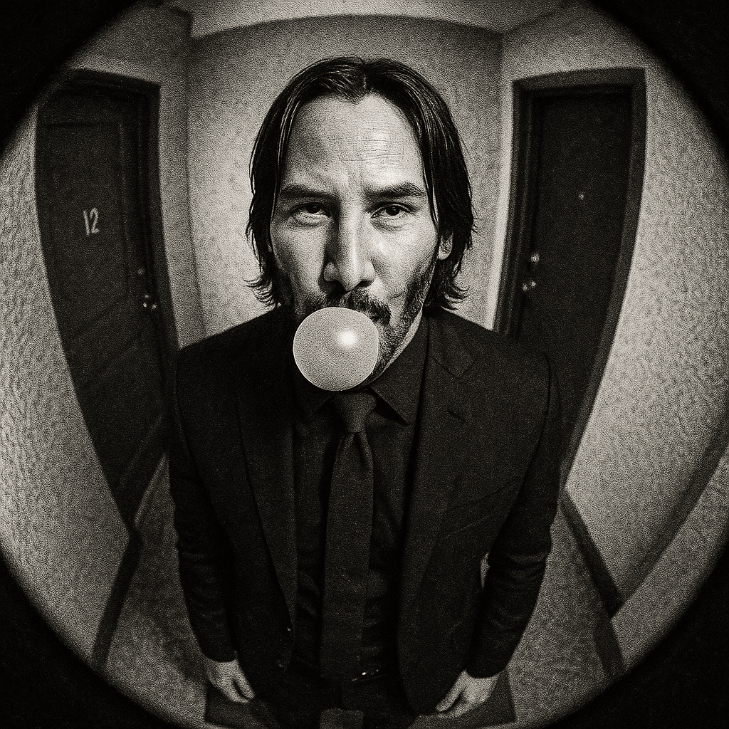 overhead surveillance camera view, fisheye lens. John Wick stands at the entranc
