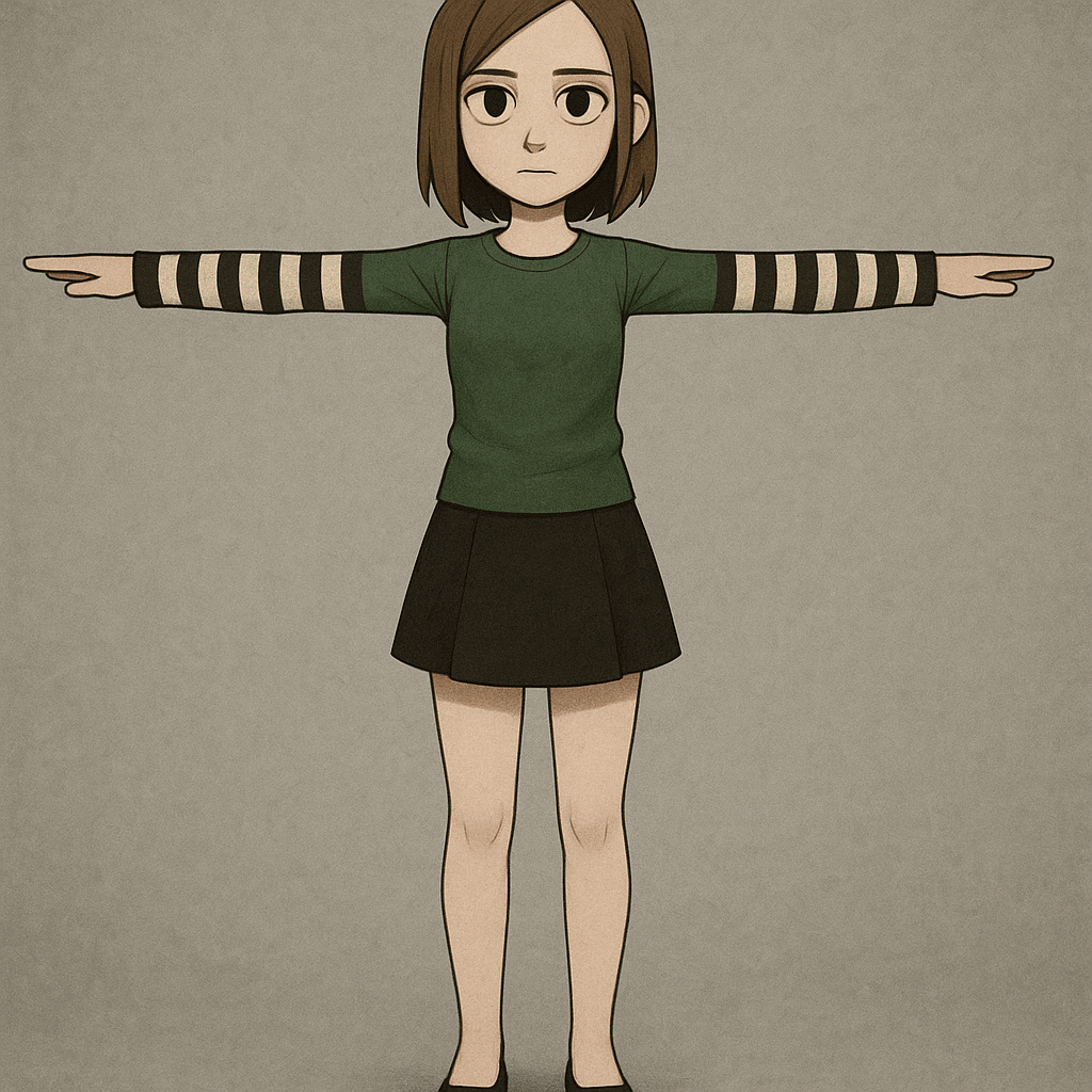 Моделька чарли Эмили из фнафа в полный рост t-pose, одета в зелёную кофту, чёрно