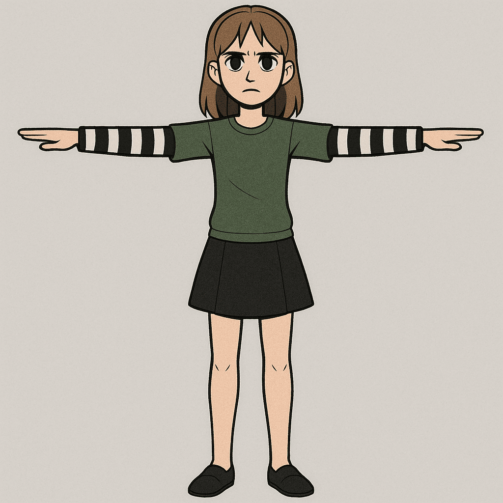 Моделька чарли Эмили из фнафа в полный рост t-pose, одета в зелёную кофту, чёрно