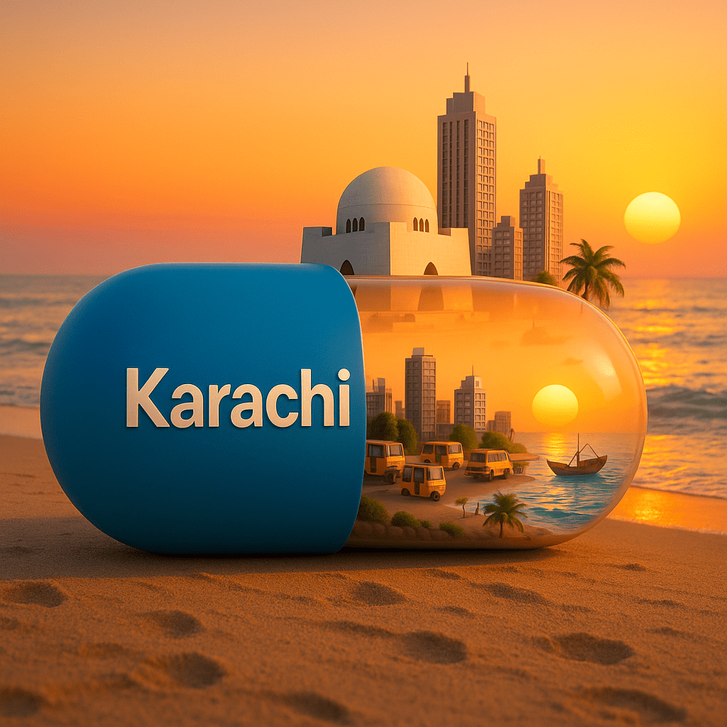 A digital 3D illustration shows a large capsule lying on the beach at sunset. Th