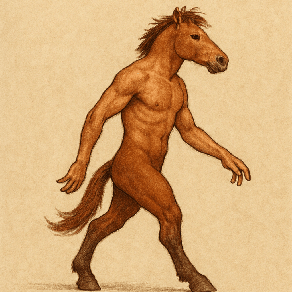 draw a man, who had ponies in his ancestors
It walks on two legs, its front hoo