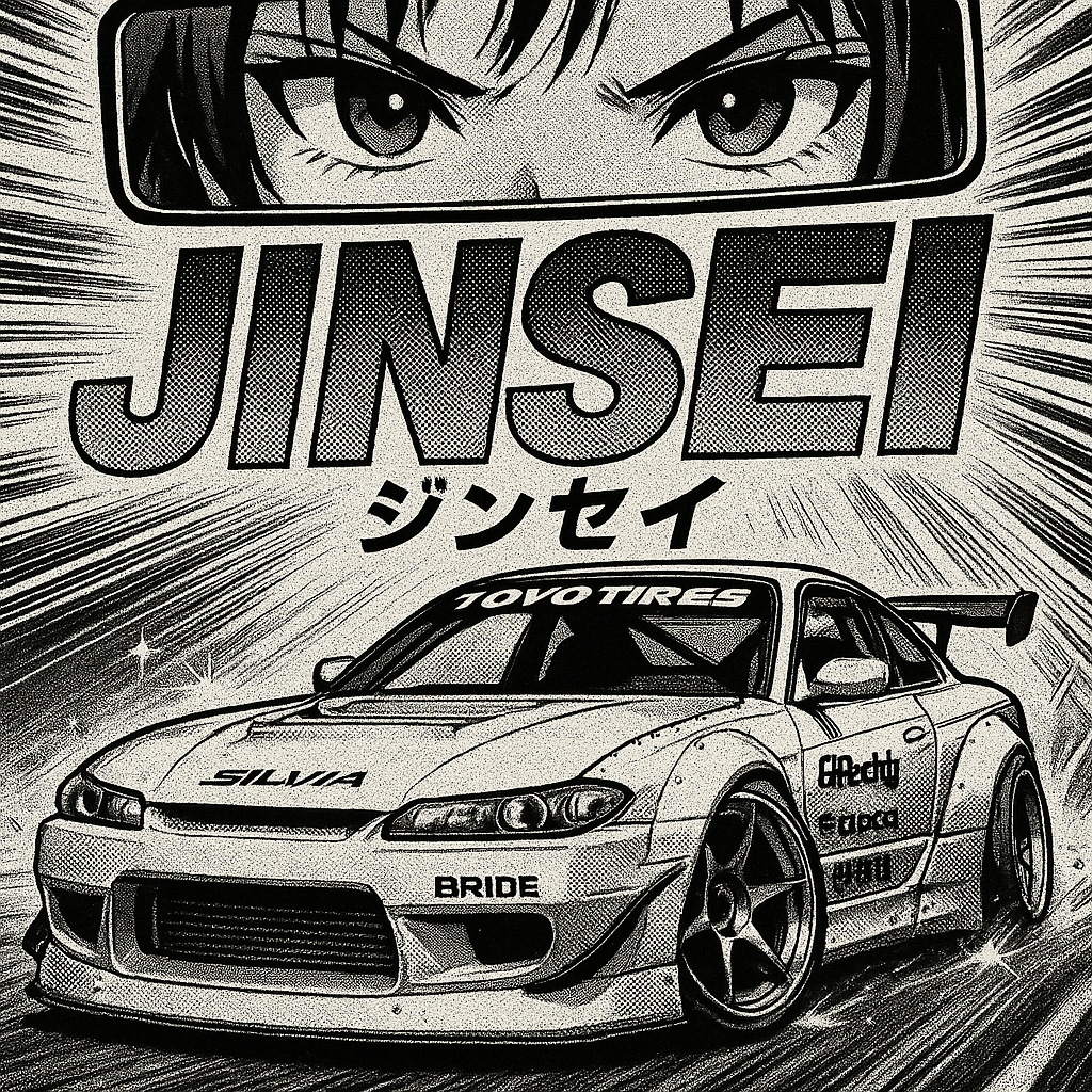 Post image: “Black-and-white manga-style illustration of a widebody Nissan Silvia S15 (or JD