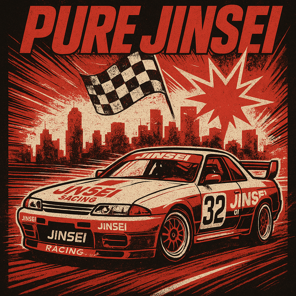 T-shirt graphic featuring a modified Nissan GT-R R32 in full race livery parked