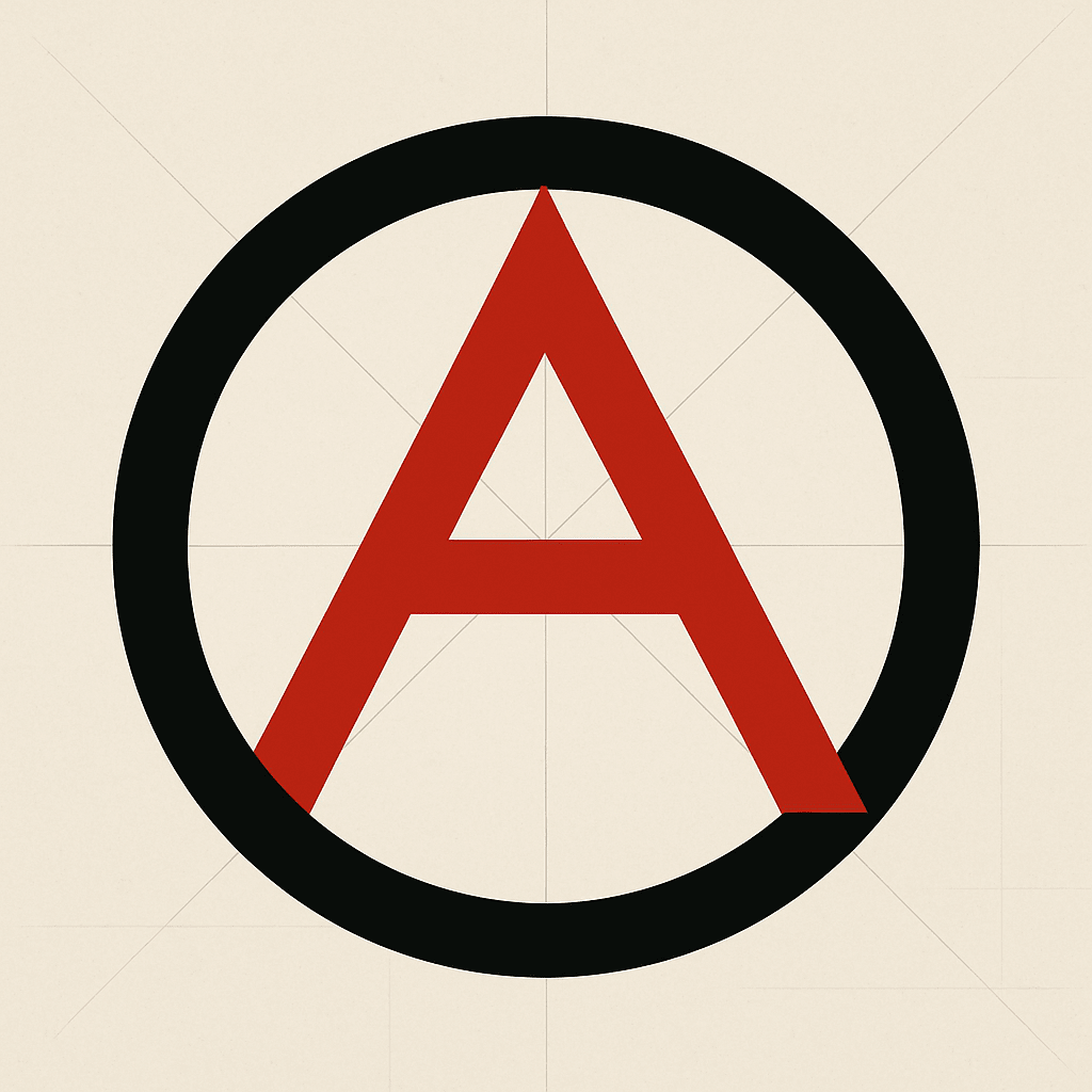 "Minimalist geometric anarchist symbol: A bold black circle enclosing a red angu